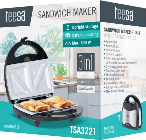 Teesa 3-in-1 keramische sandwichmaker met 800W vermogen.