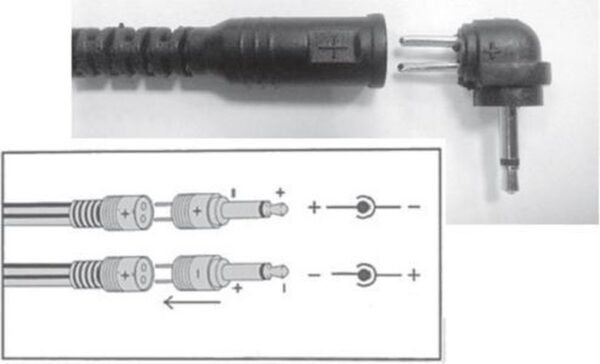 Adapterstekker en polariteitsschema met plus en min.