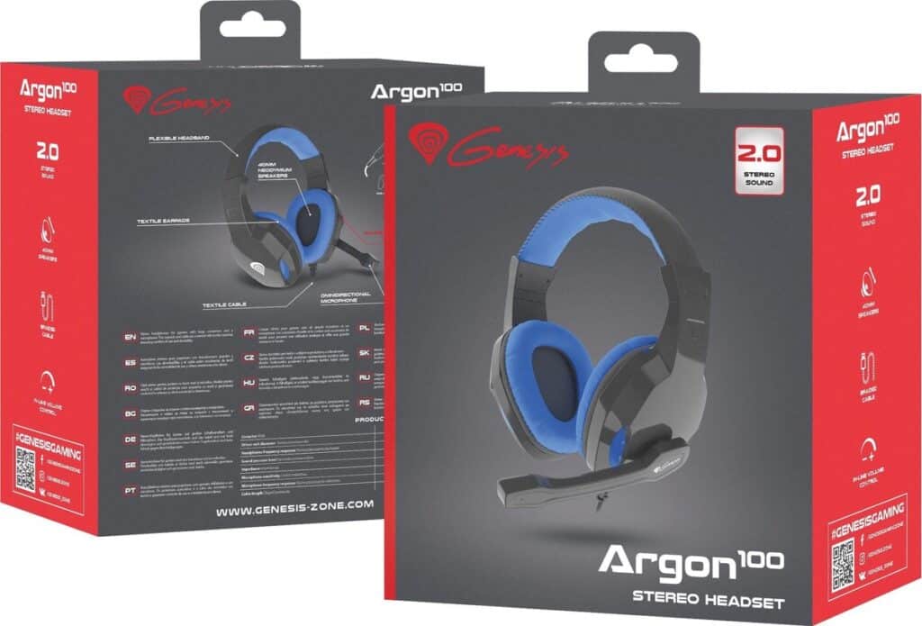 Argon 100 stereo headset verpakking met logodesign.