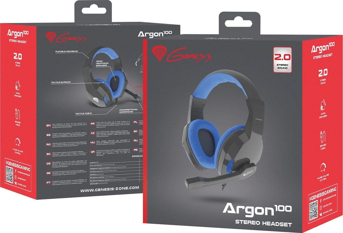 Argon 100 stereo headset verpakking met logodesign.