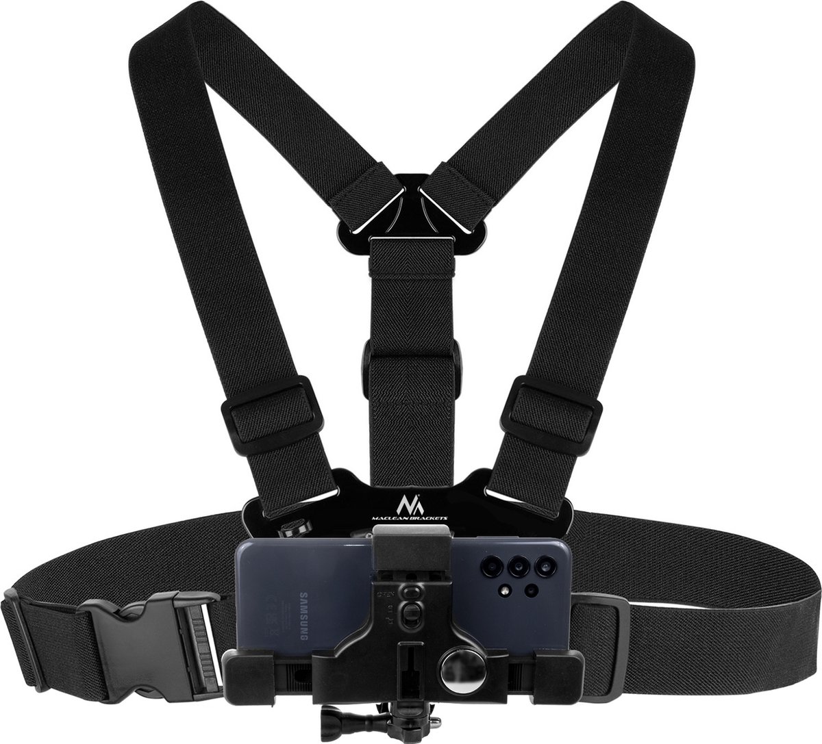 Zwarte harnas met telefoonhouder voor actiecamera's