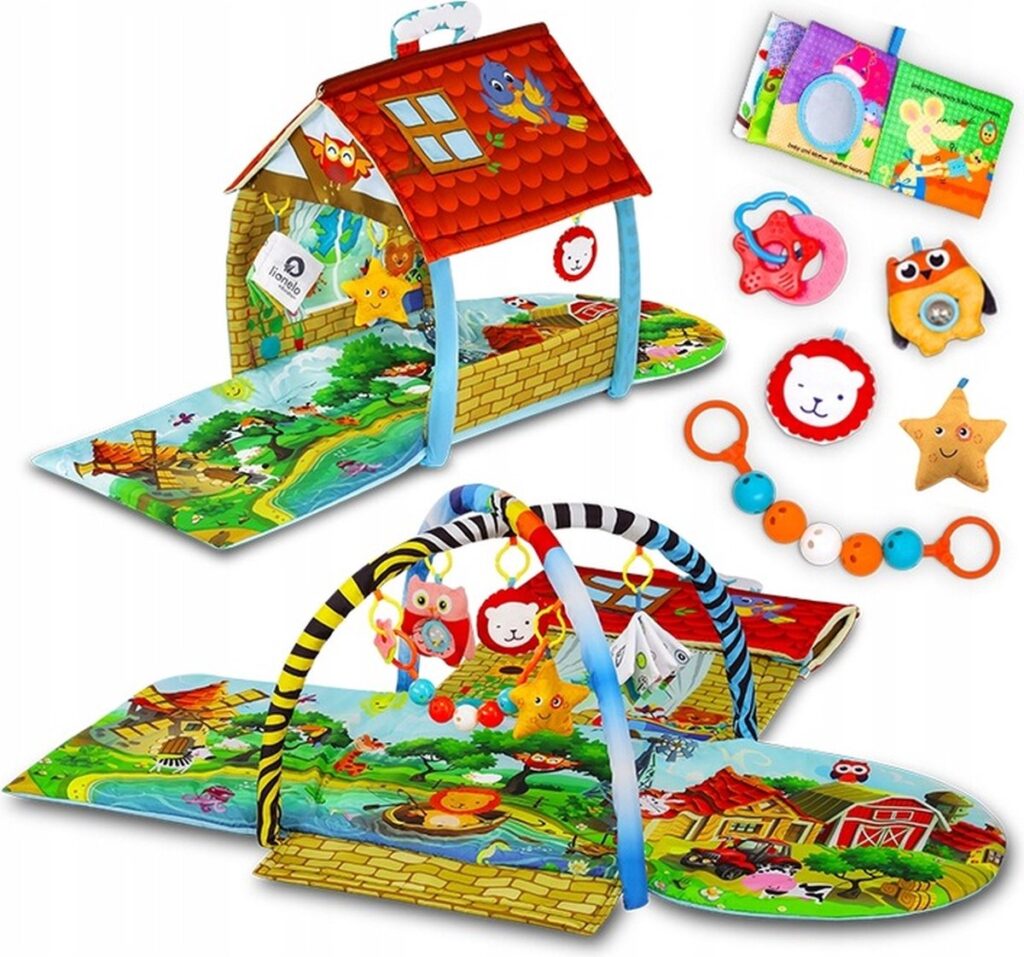 Colorful play mat with farm and animal theme, toys included.