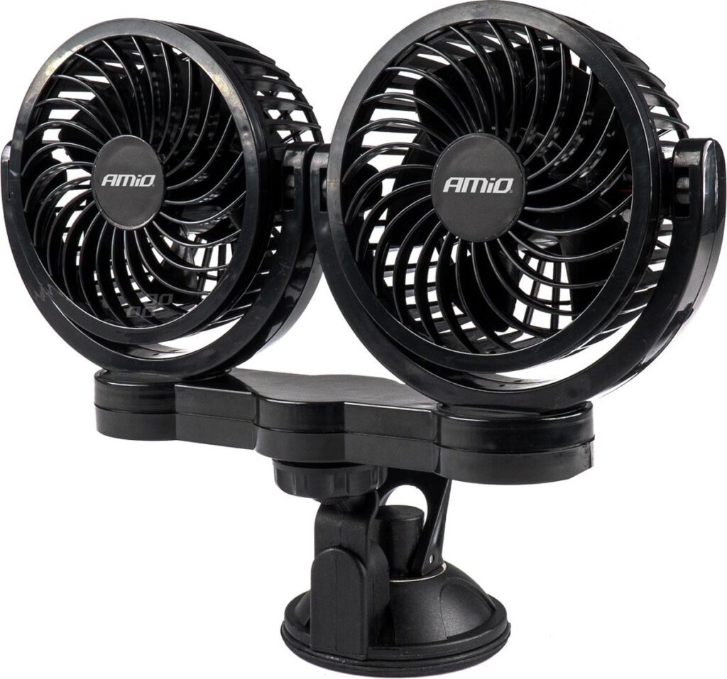 Twee zwarte draagbare ventilatoren met bevestiging.