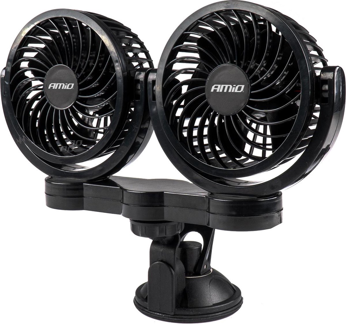 Twee zwarte draagbare ventilatoren met bevestiging.