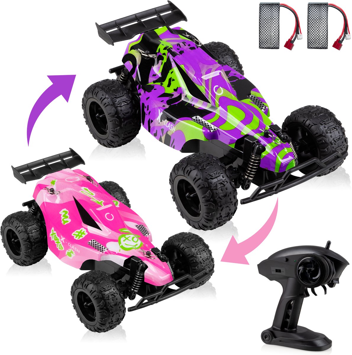 Twee kleurrijke afstandsbedienbare raceauto's met controller en batterijen.