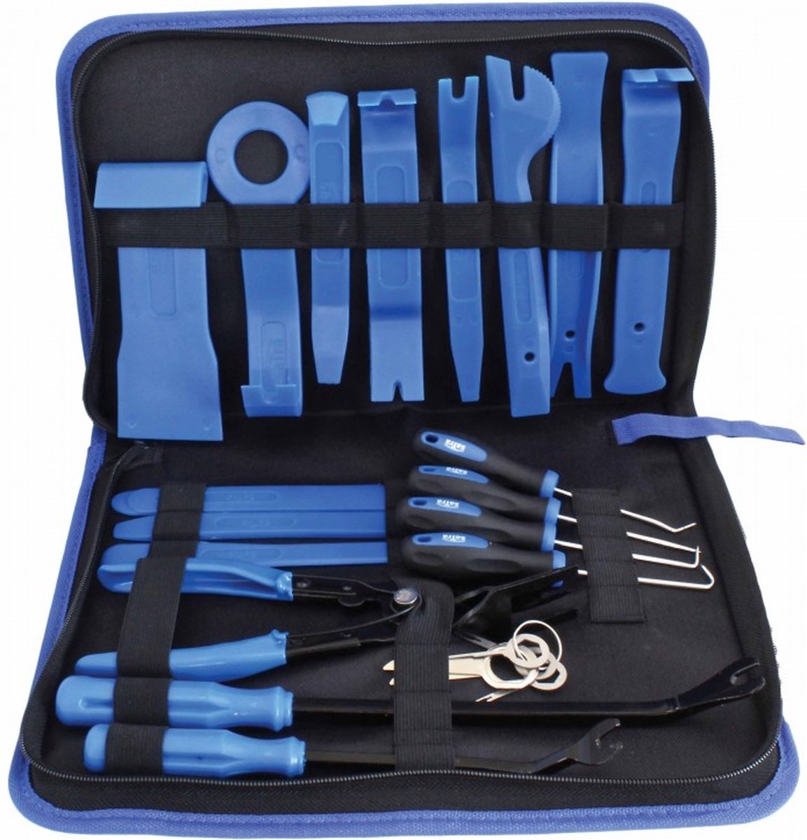 Blauwe auto demontage gereedschapsset in etui.
