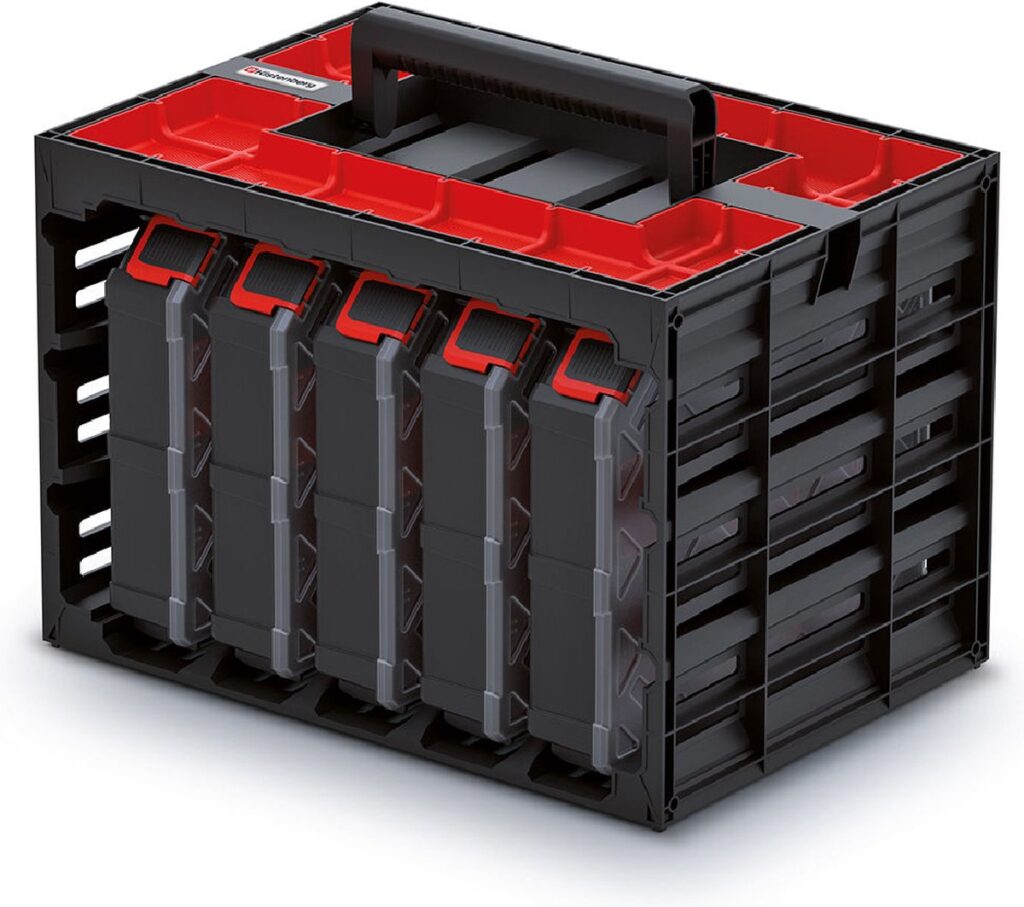 Zwarte gereedschapskist met rode accenten en handvat.