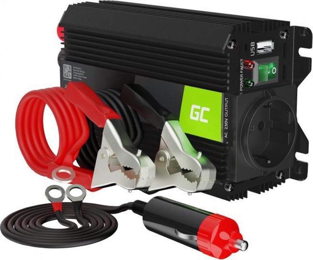 12V naar 230V omvormer met accuklemmen
