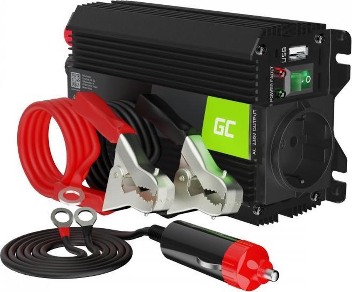 12V naar 230V omvormer met accuklemmen