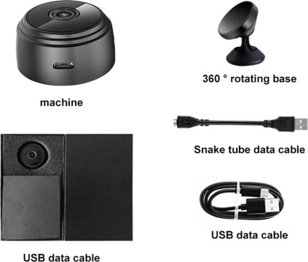 Camera met verstelbare basis en USB-kabels.