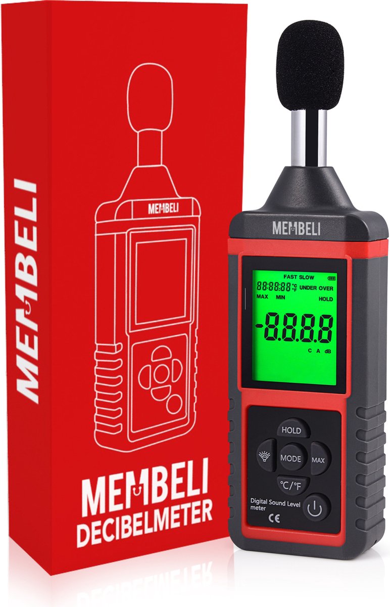 Digitale decibelmeter met verpakking van MEMBELI