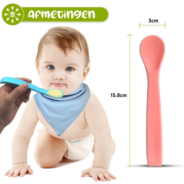 Baby met lepel en afmeting infographic