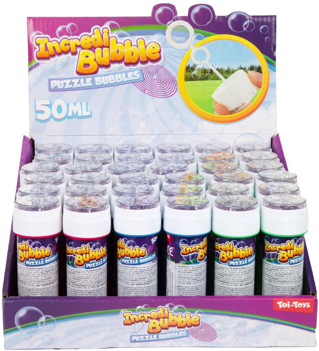 Display met Incredi Bubble flessen, 50 ml per stuk.