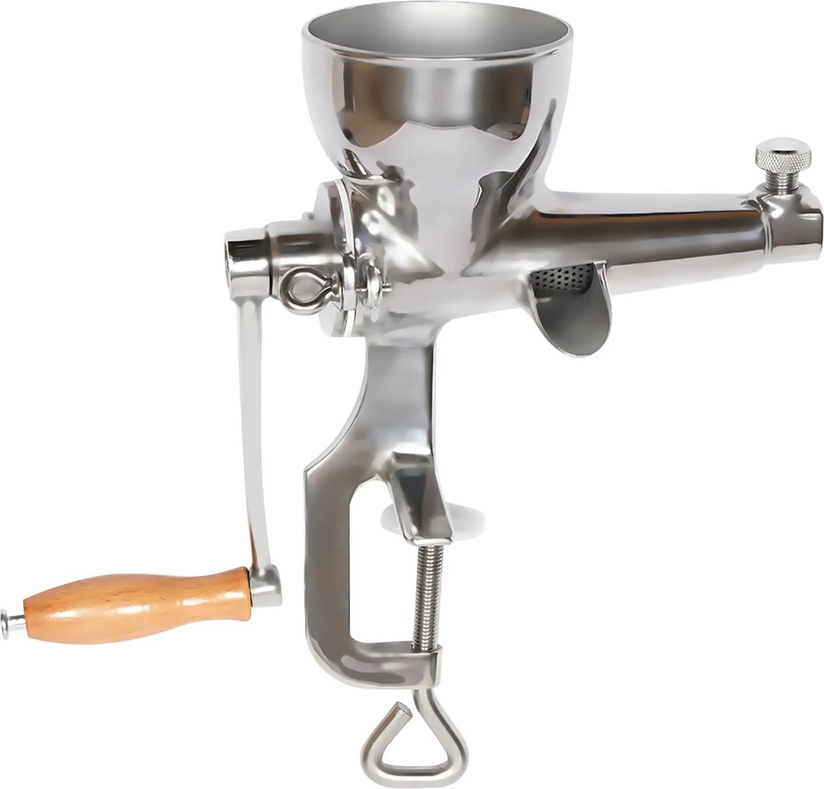 RVS vlees- en pastamachine met houten handvat.