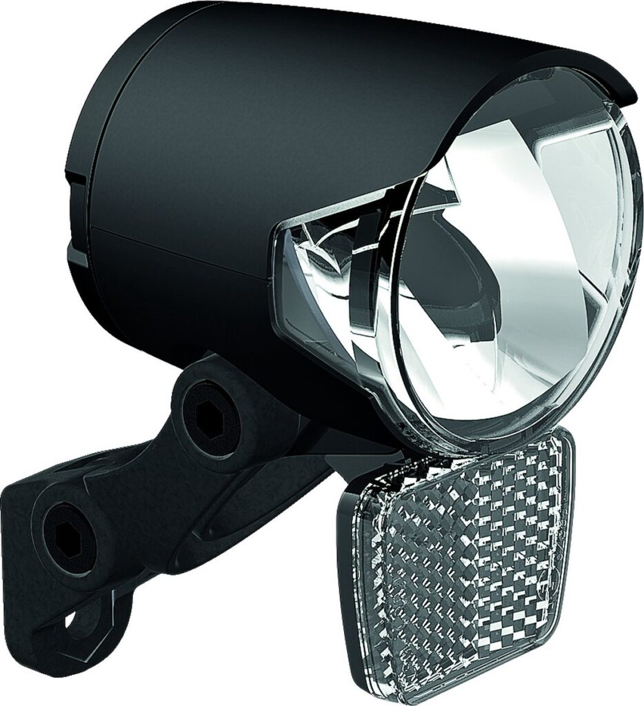Zwarte fietsvoorlamp met reflector en montagebeugel