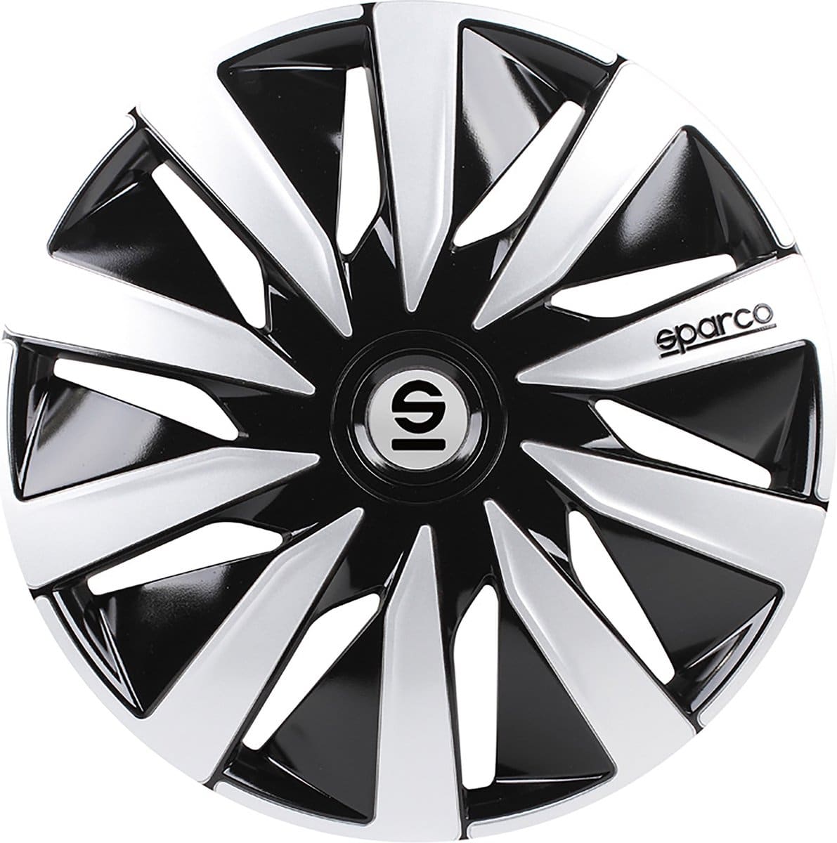 Black-and-white wheel cover with brand logo and design.