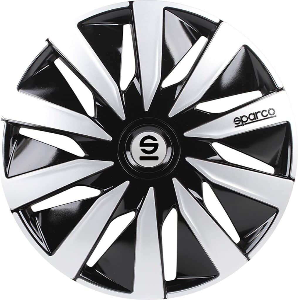 Zwart-wit autovelg met merklogo Sparco.