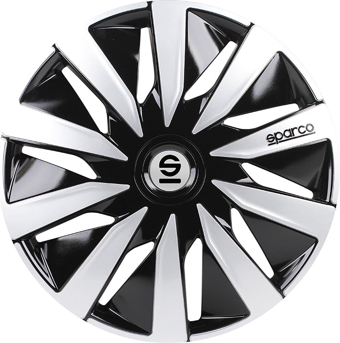 Black and white car rim with Sparco brand logo.