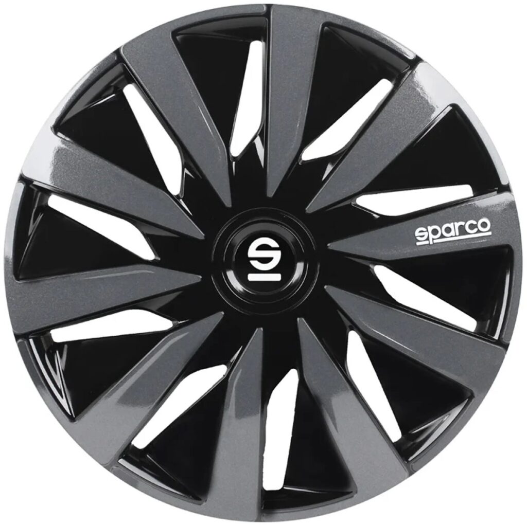 Black-and-gray Sparco wheel cover with a sporty design