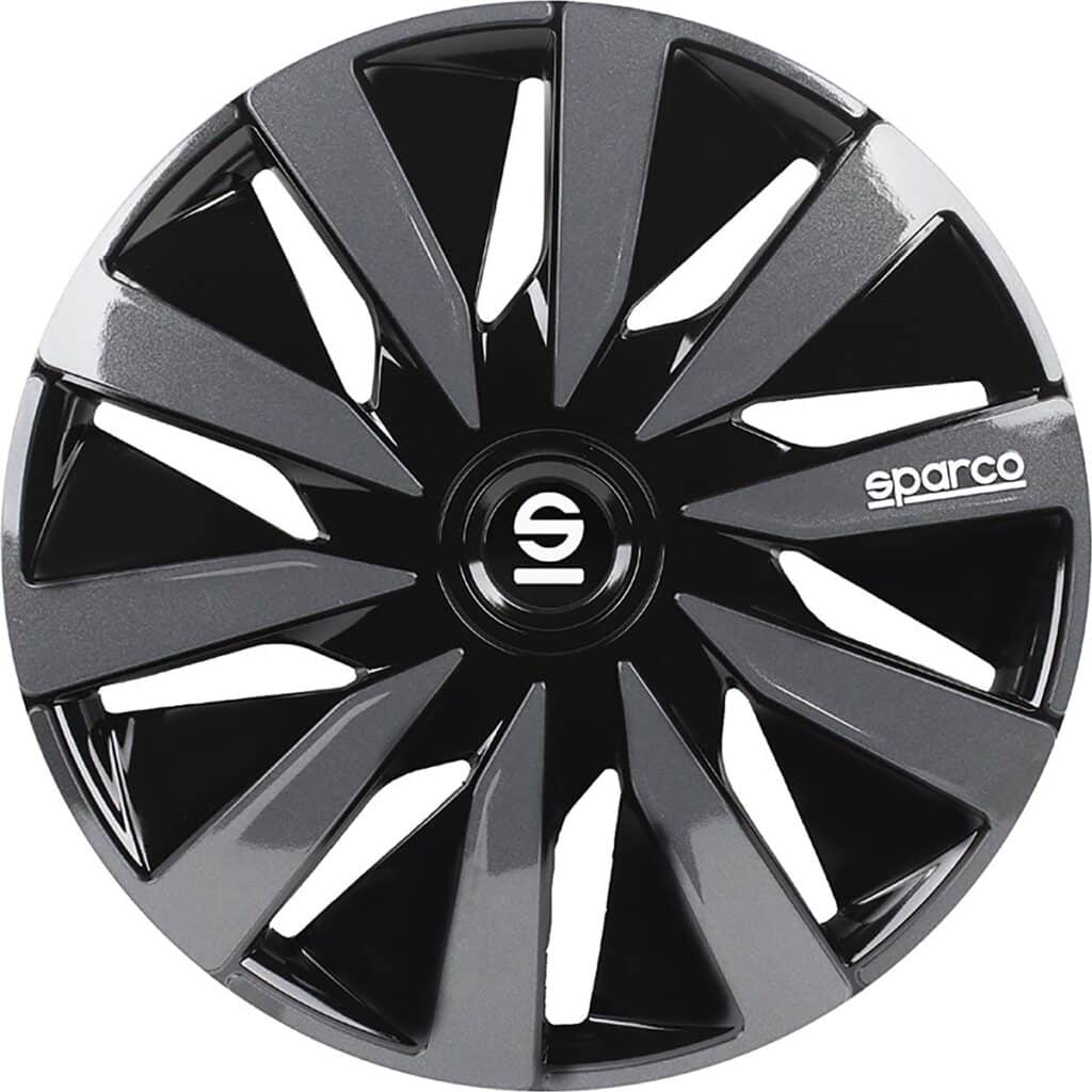 Black and silver wheel cover with logo.