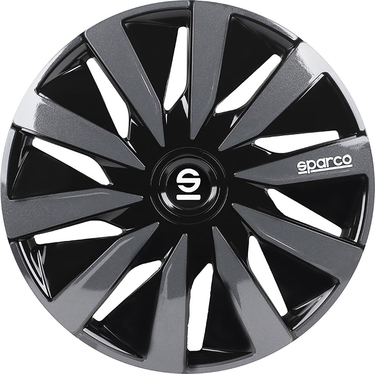 Black and silver wheel cover with logo.