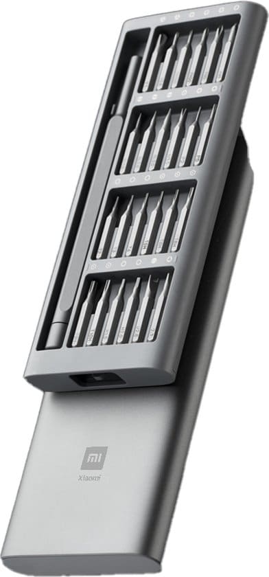 Precisieschroevendraaierset met verschillende bits in grijze doos