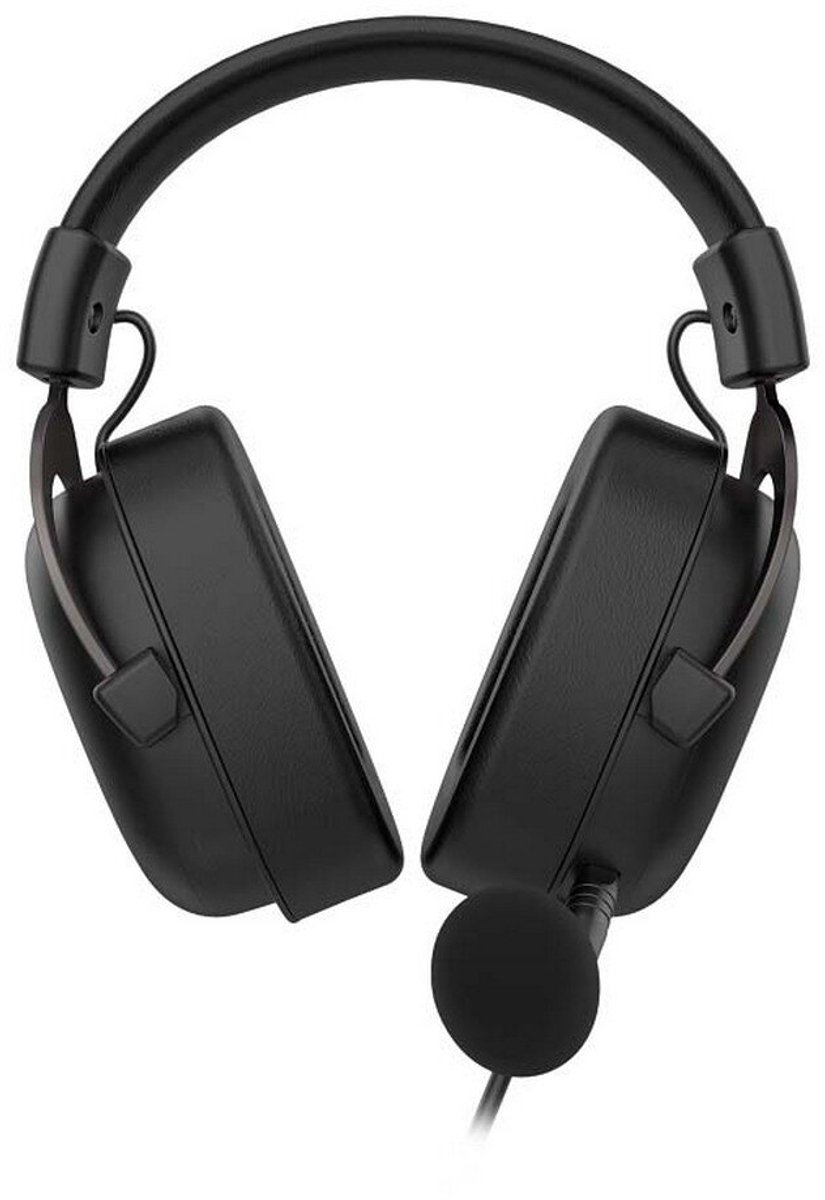 Zwarte koptelefoon met microfoon, vooraanzicht.