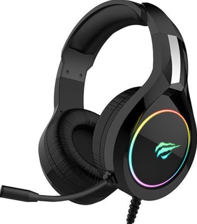 Zwarte gaming headset met microfoon en RGB-verlichting.