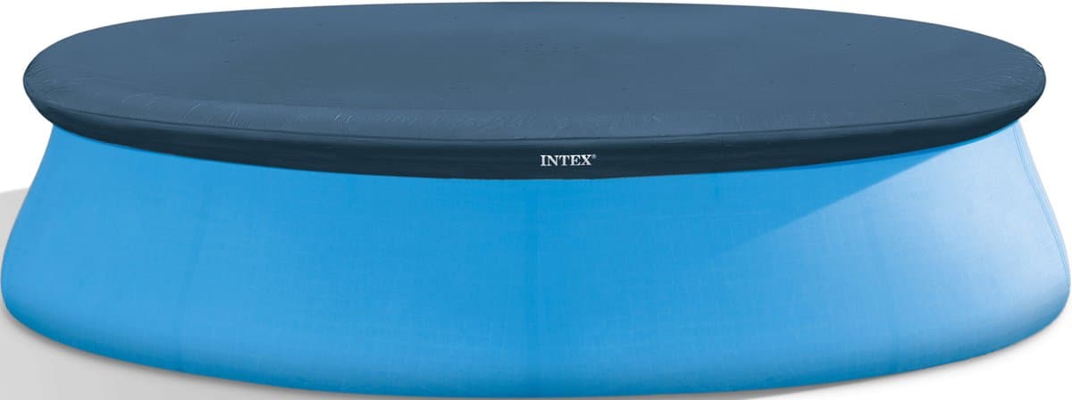 Rond blauw zwembad met donker dekzeil