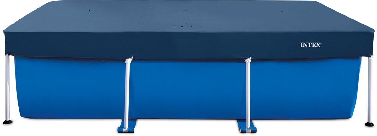 Blauw opzetzwembad met donkerblauwe afdekhoes