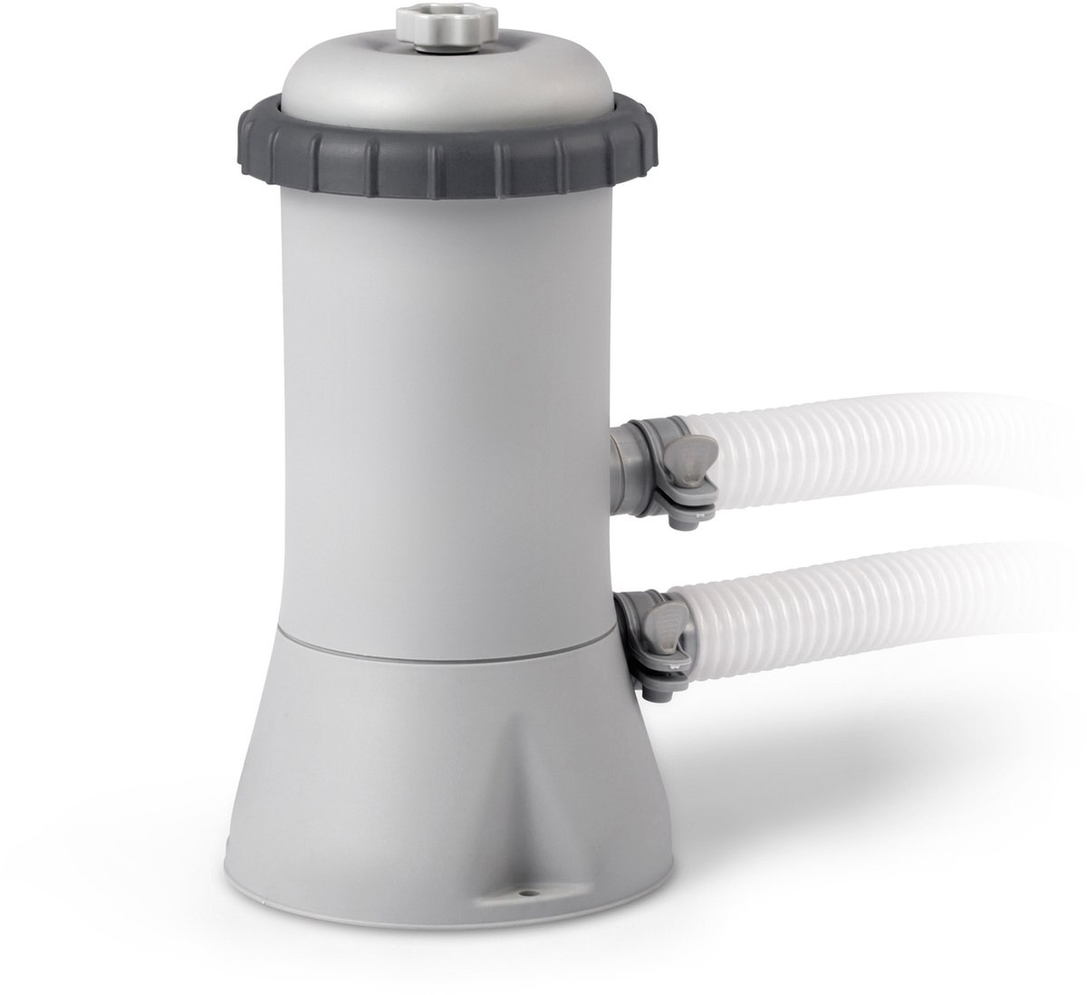Grijze zwembadpomp met aansluitende slangen