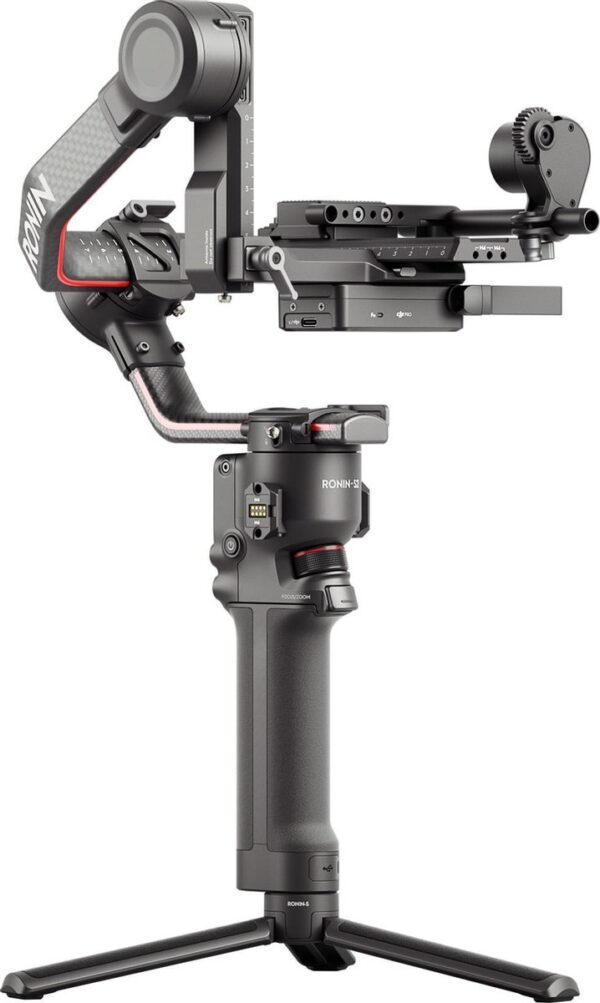 Camera gimbal stabilisator met handgreep en tripod.