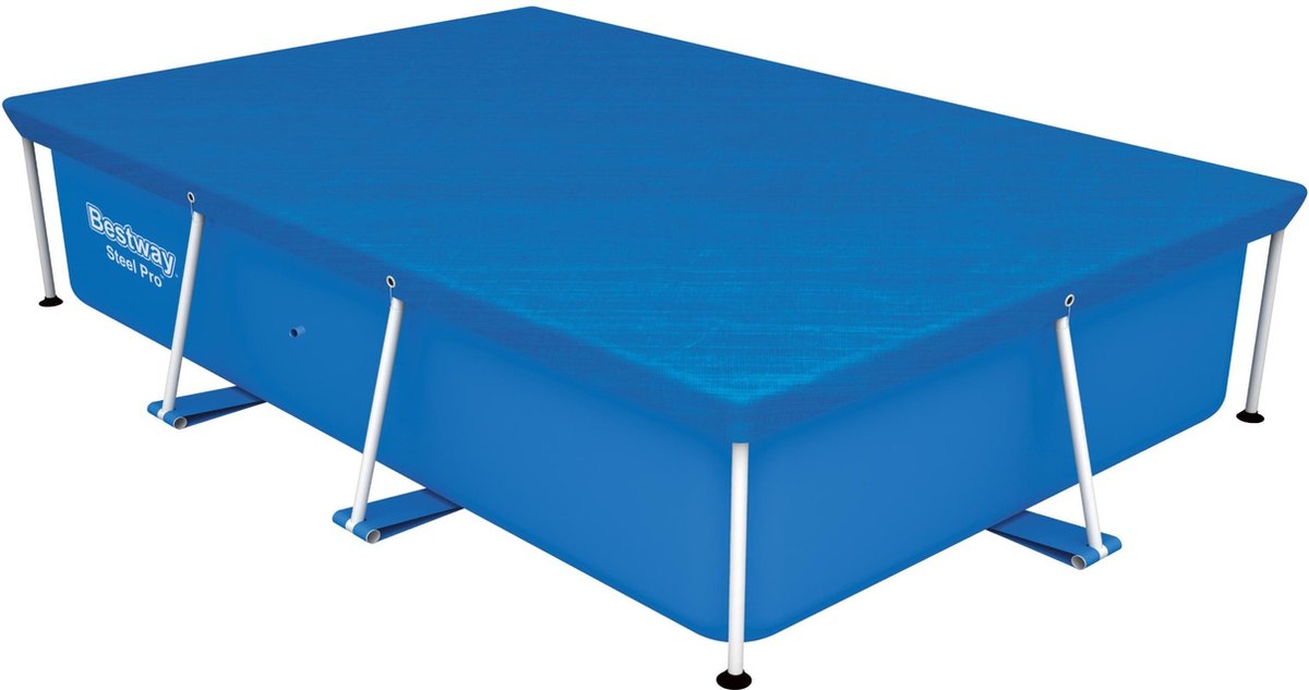 Blauw zwembad met afdekzeil op metalen frame.