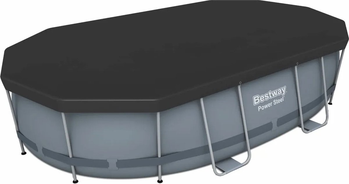 Ovaal frame zwembad met zwarte afdekking.