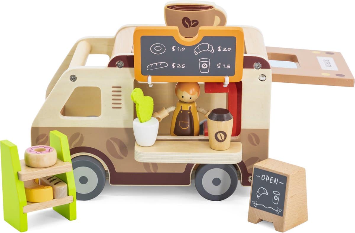 Houten speelgoed foodtruck met pop en accessoires.