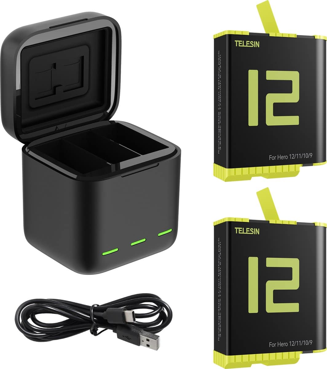 Battery charger with two Telesin batteries and USB cable.