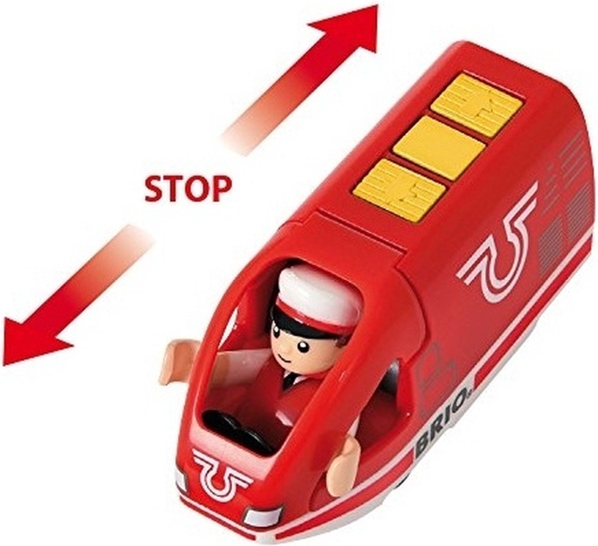 Rood speelgoedtrein met bestuurder en stopknop.