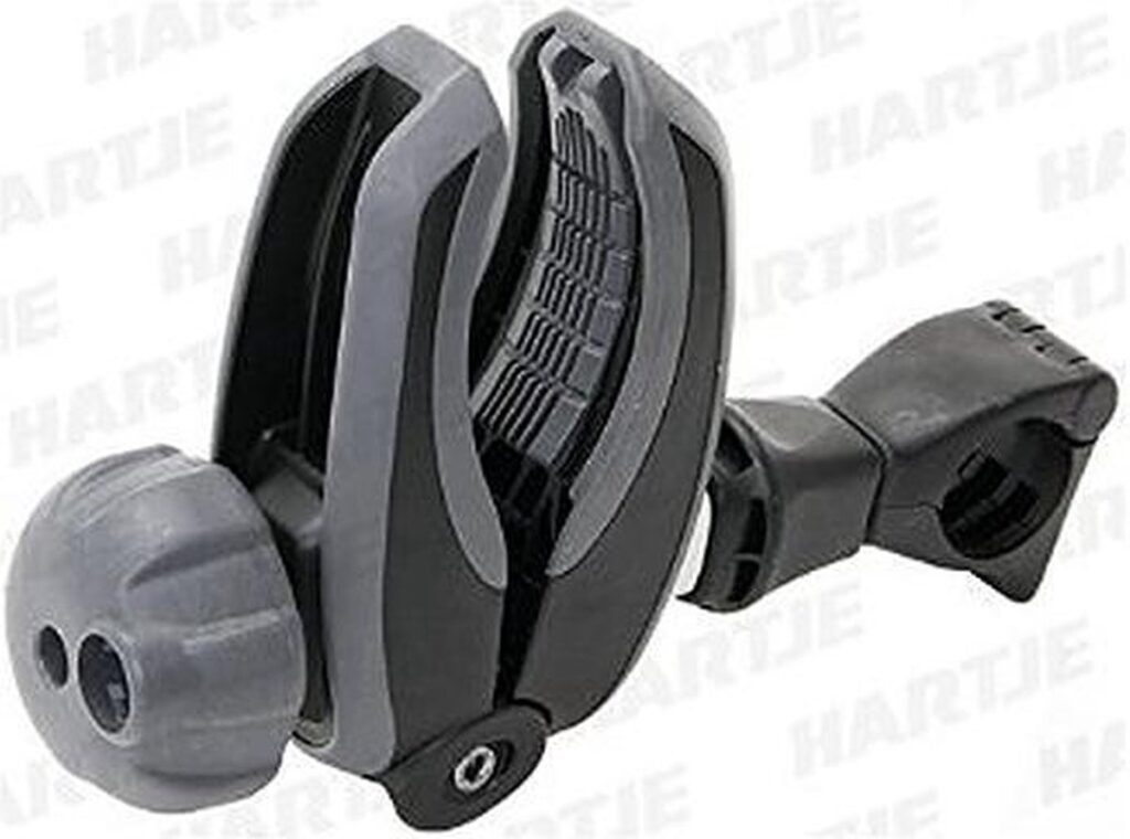 Zwarte en grijze fietsaccessoire houder met draaiknop.