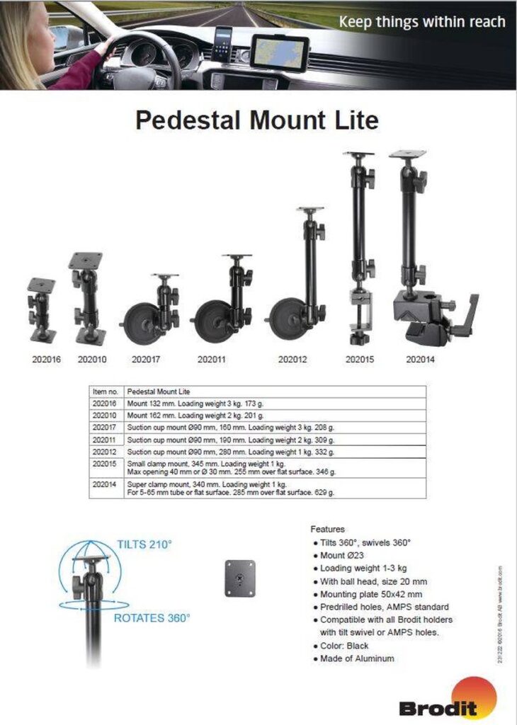 Pedestal Mount Lite dashboard houders overzicht