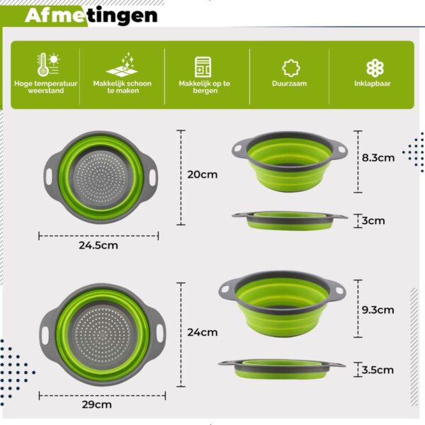 Opvouwbare vergieten met afmetingen en kenmerken.