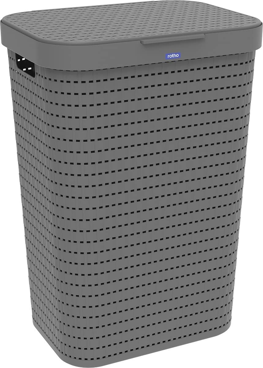 Grijze wasmand met deksel en geperforeerd design.