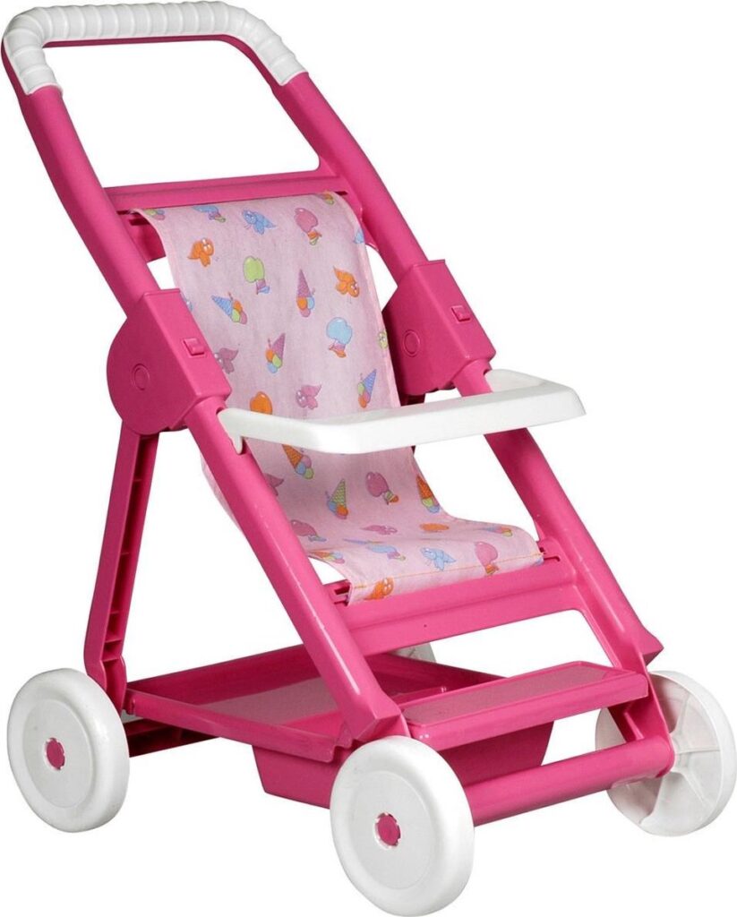 Roze speelgoed kinderwagen met ijsjesmotief.