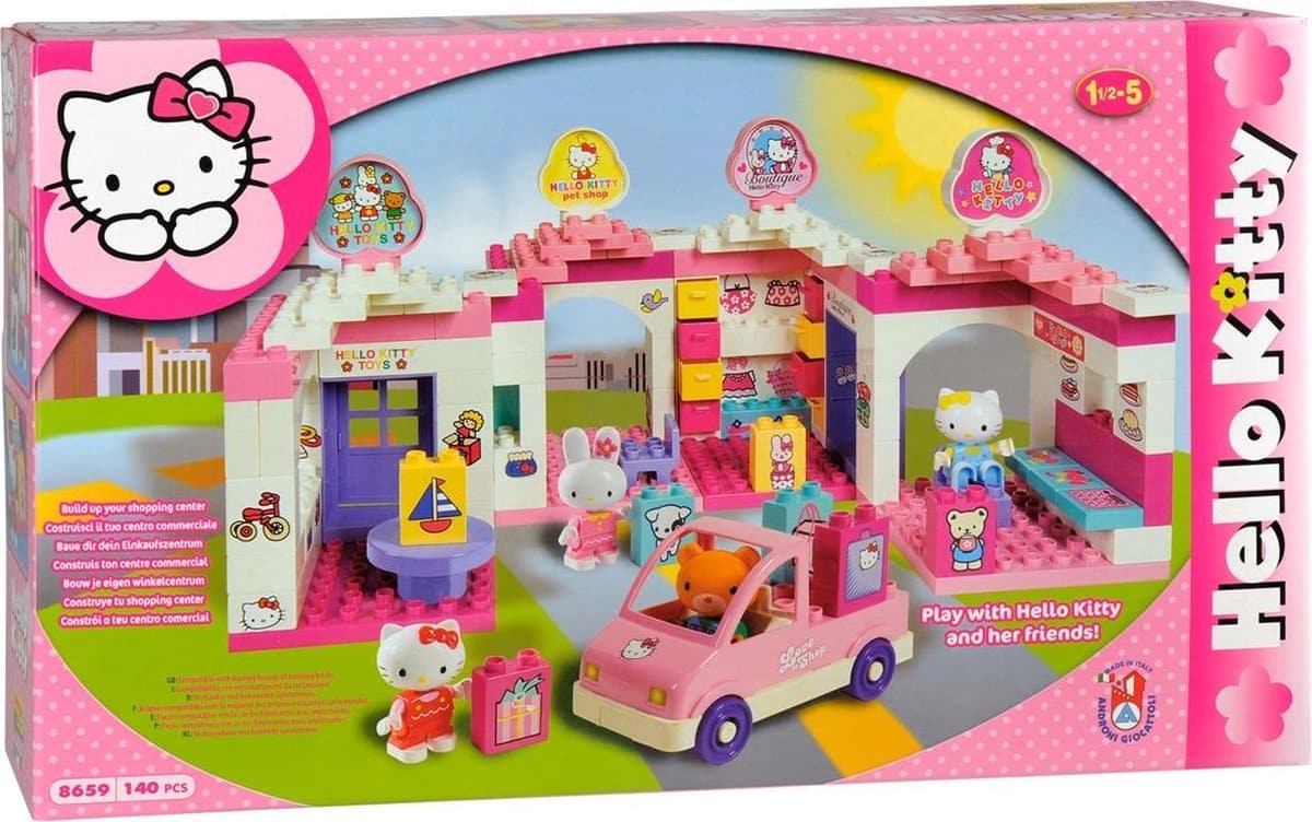 Hello Kitty speelgoedwinkel bouwset met auto en figuren.