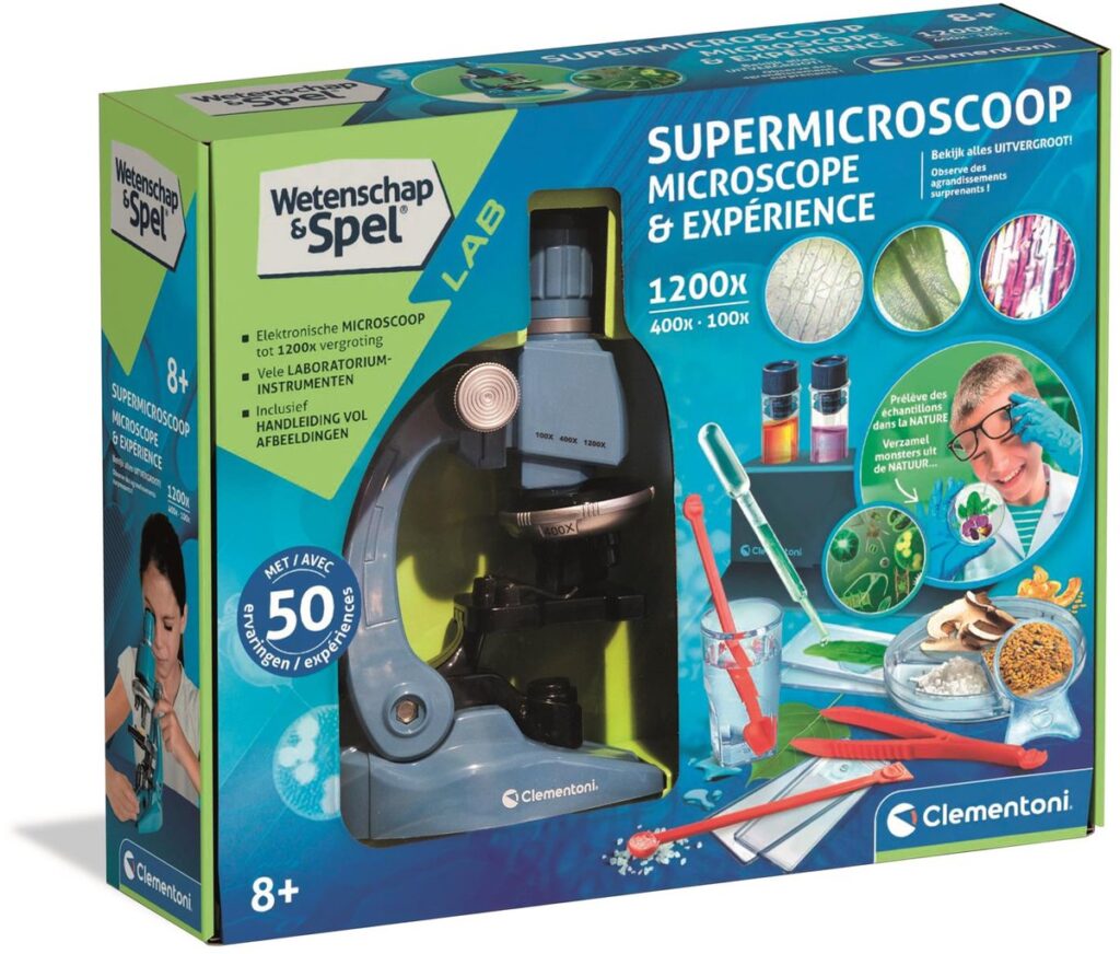 Kindermicroscoopset met accessoires en handleiding.
