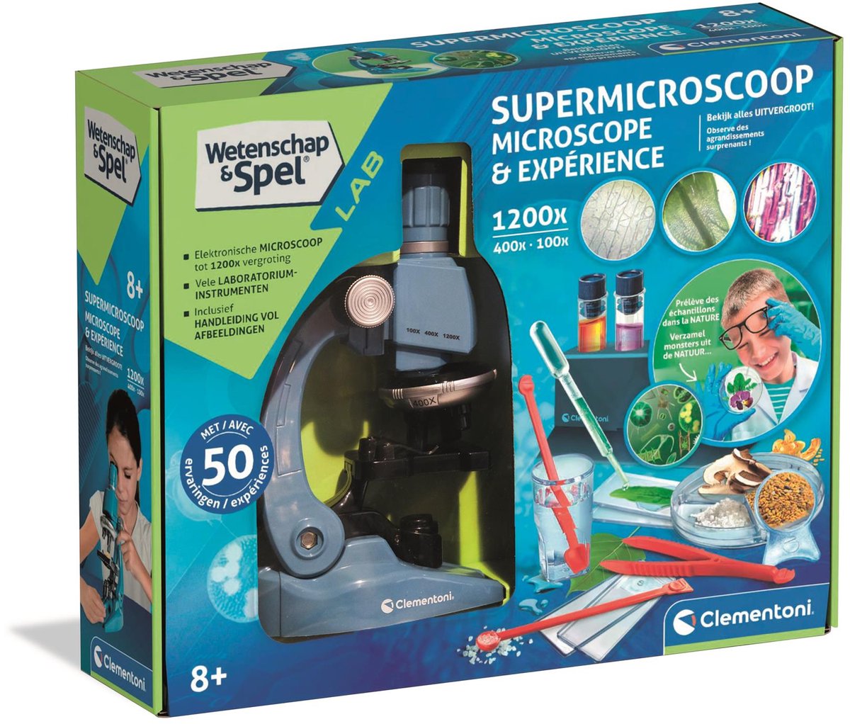 Kindermicroscoopset met accessoires en handleiding.