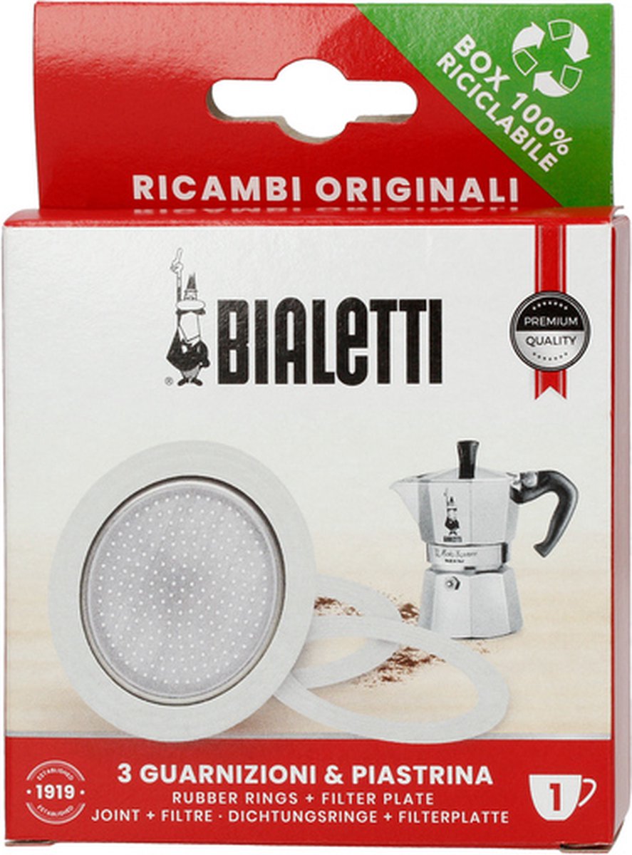 Bialetti espressopot pakking en filterset verpakking.