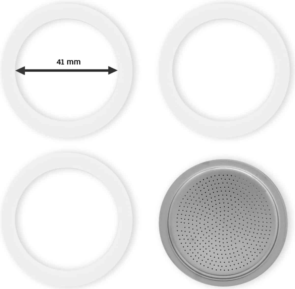 Vier witte ringen en metalen filter, 41 mm diameter.