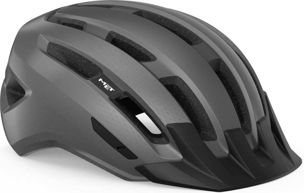 Grijze MET fietshelm met ventilatieopeningen en vizier
