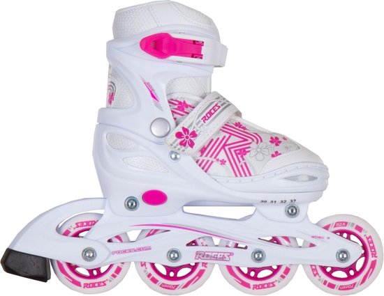 Wit-roze inline skate met bloemenpatroon.
