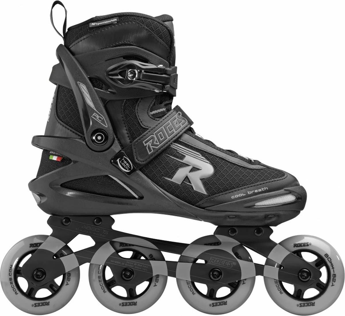 Zwarte inline skate met vijf wielen